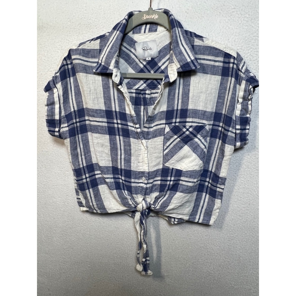 Rails Womens Navy Blue White Plaid Linen Blend Short Sleeve Tie Front Crop Top S